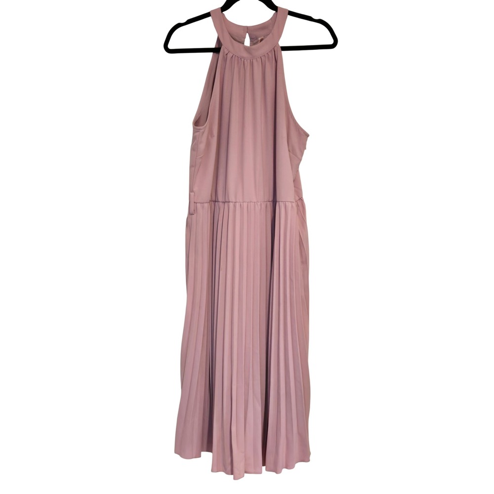 KIRUNDO Dusty Rose Pleated Maxi Dress Women's L Belted Sleeveless A-Line